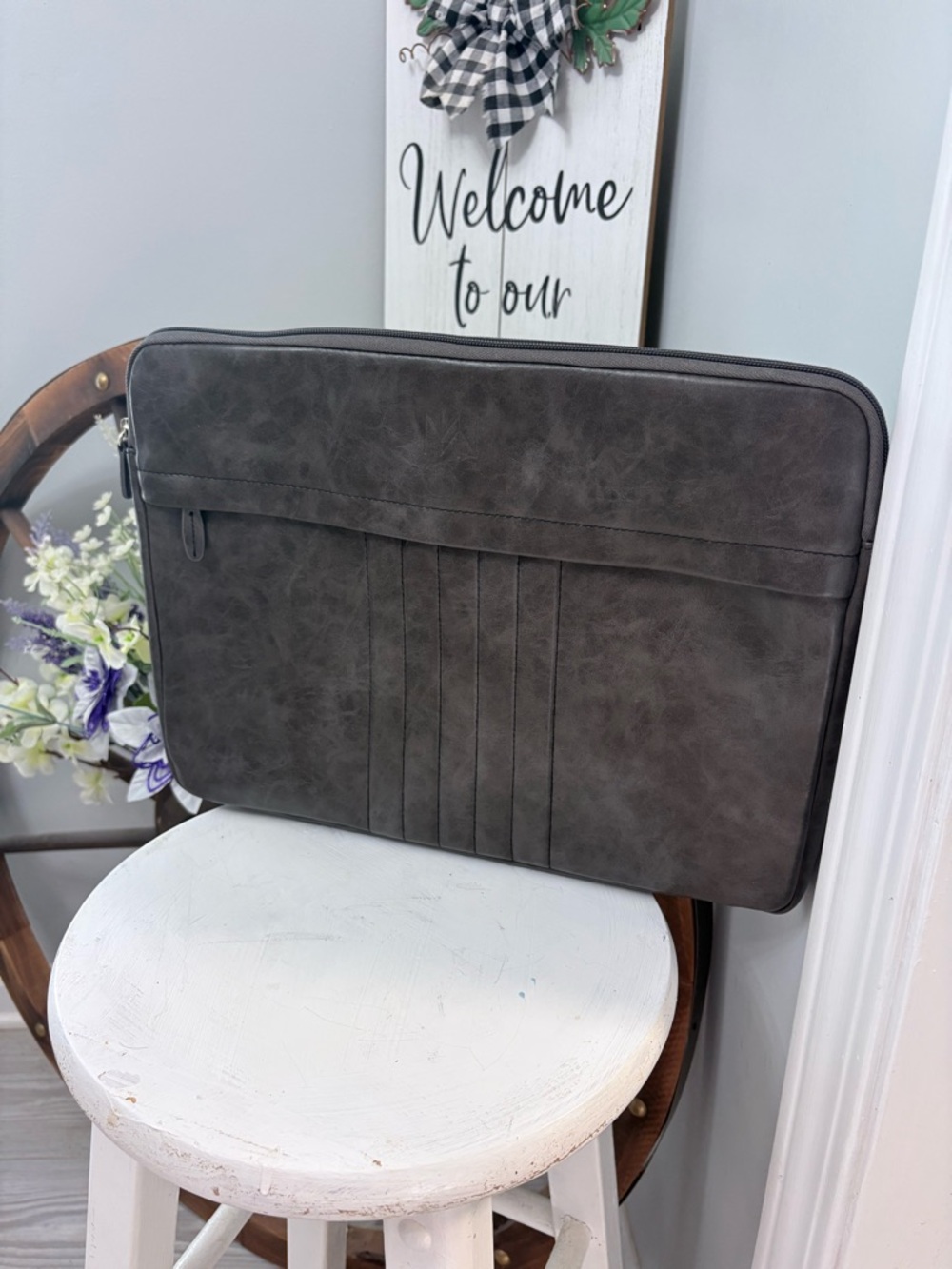 Gray Leather Laptop Sleeve Briefcase